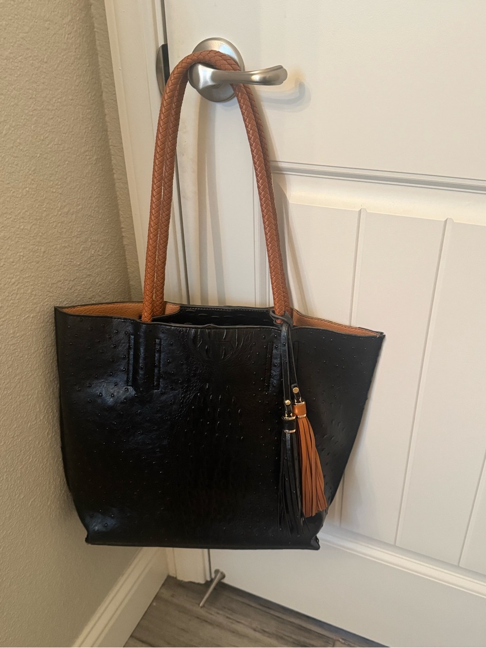 Like New Black & Cognac Tote Handbag with Tassel - large